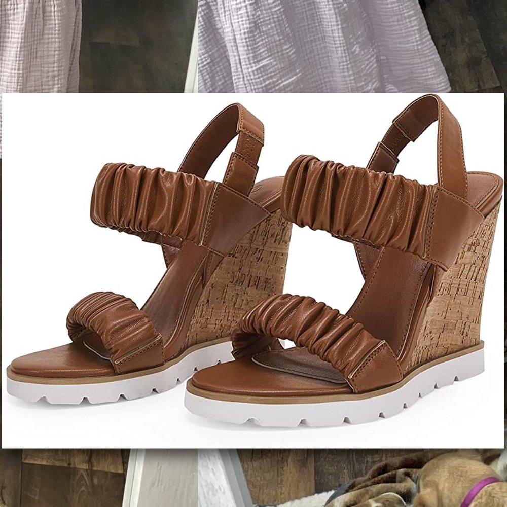 PIEPIEBUY Flirty Ruched Faux Leather High Cork Wedge Sandals   NEW IN BOX!